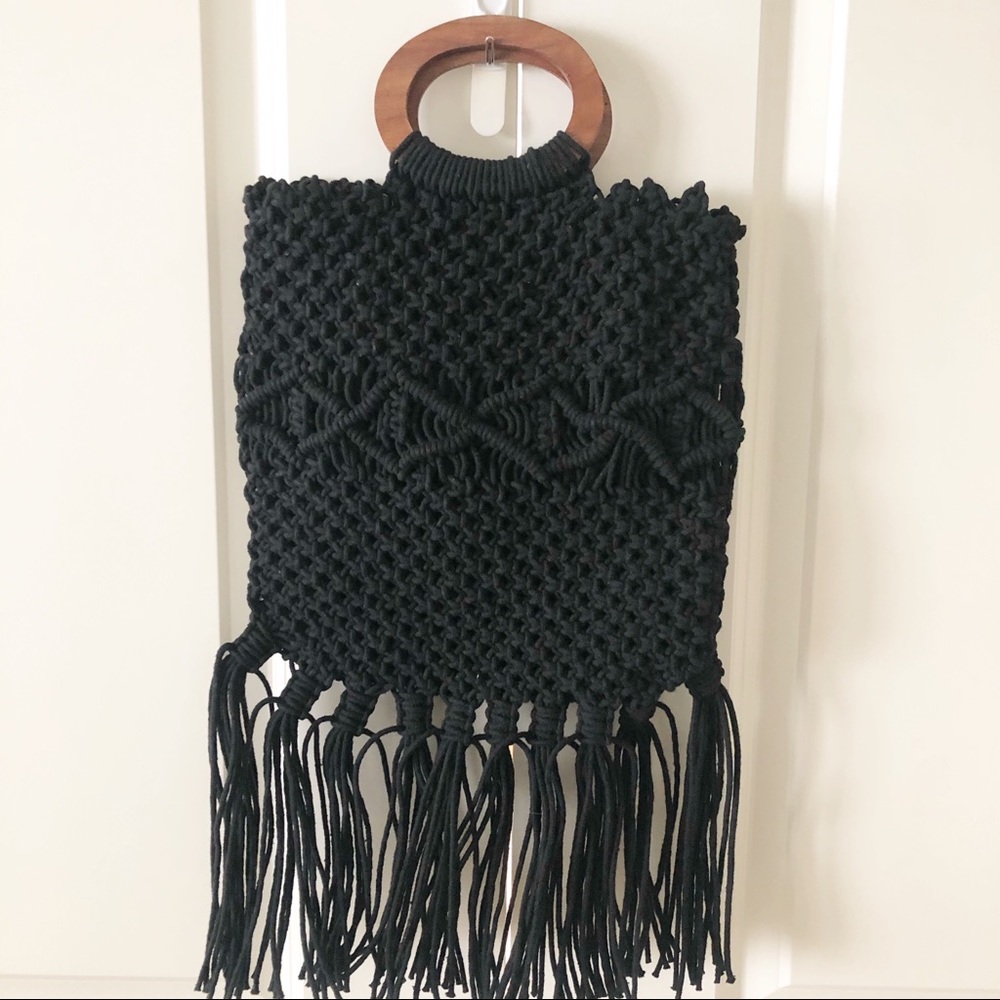 Danielle Nicole Boho Fringe Black Macrame Crossbo… - image 4